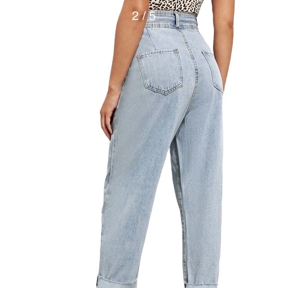 High Rise Raw Hem Mom Jeans Double Button with Zip Fly Blue Size Medium (6) - Picture 6 of 6
